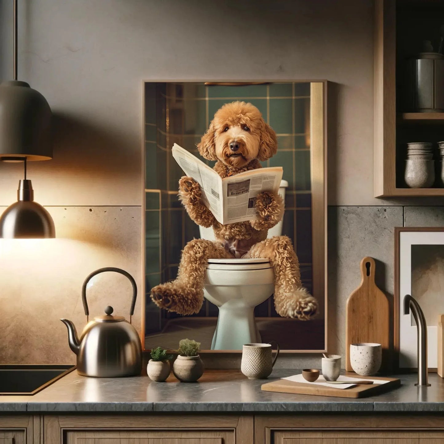 Golden doodle sitting on toilet reading newspaper canvas print, toilet humor, bathroom art, anniversary gift, restroom decor, funny gift Wall Art – Canvas Print