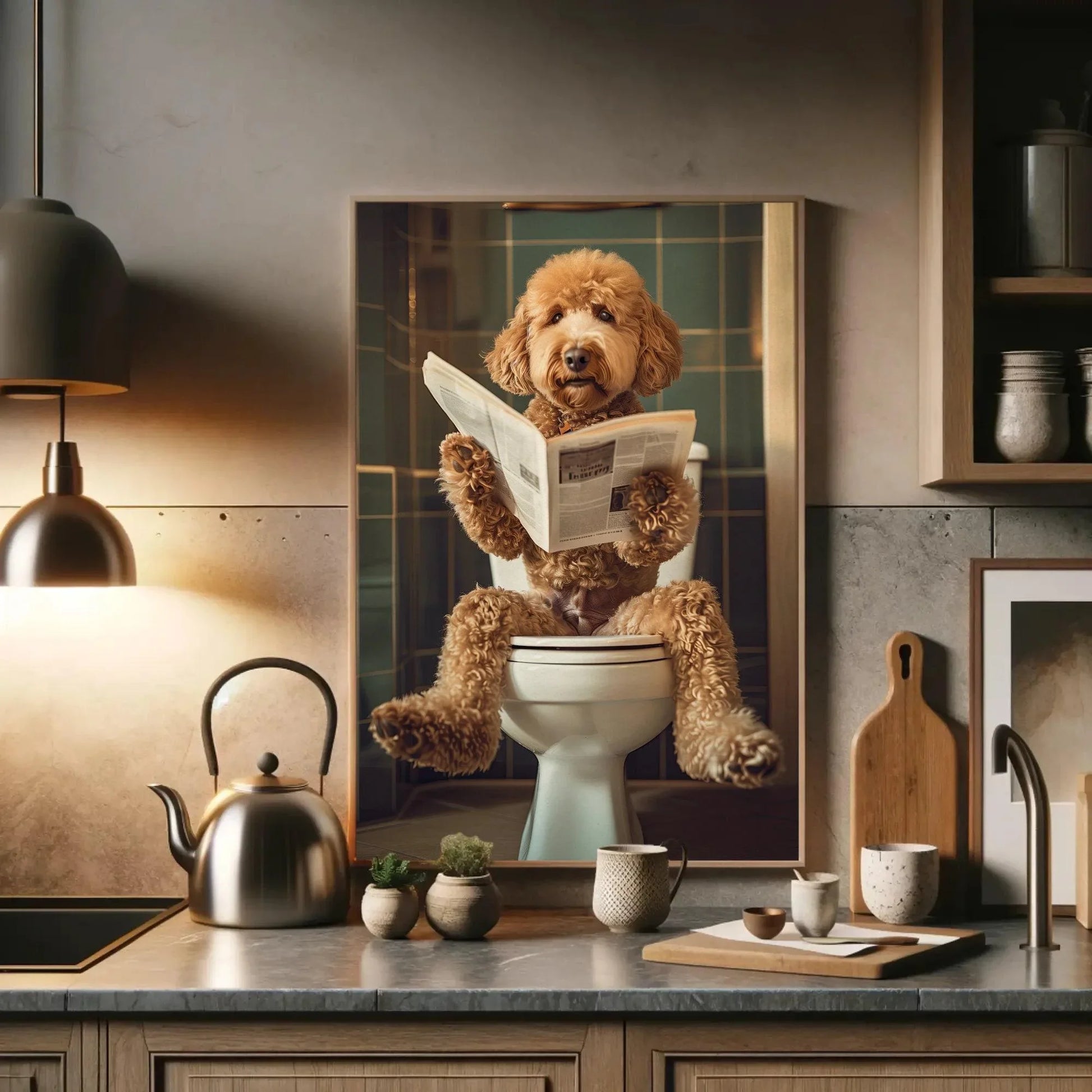Golden doodle sitting on toilet reading newspaper canvas print, toilet humor, bathroom art, anniversary gift, restroom decor, funny gift Wall Art – Canvas Print