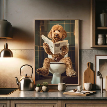 Golden doodle sitting on toilet reading newspaper canvas print, toilet humor, bathroom art, anniversary gift, restroom decor, funny gift Wall Art – Canvas Print