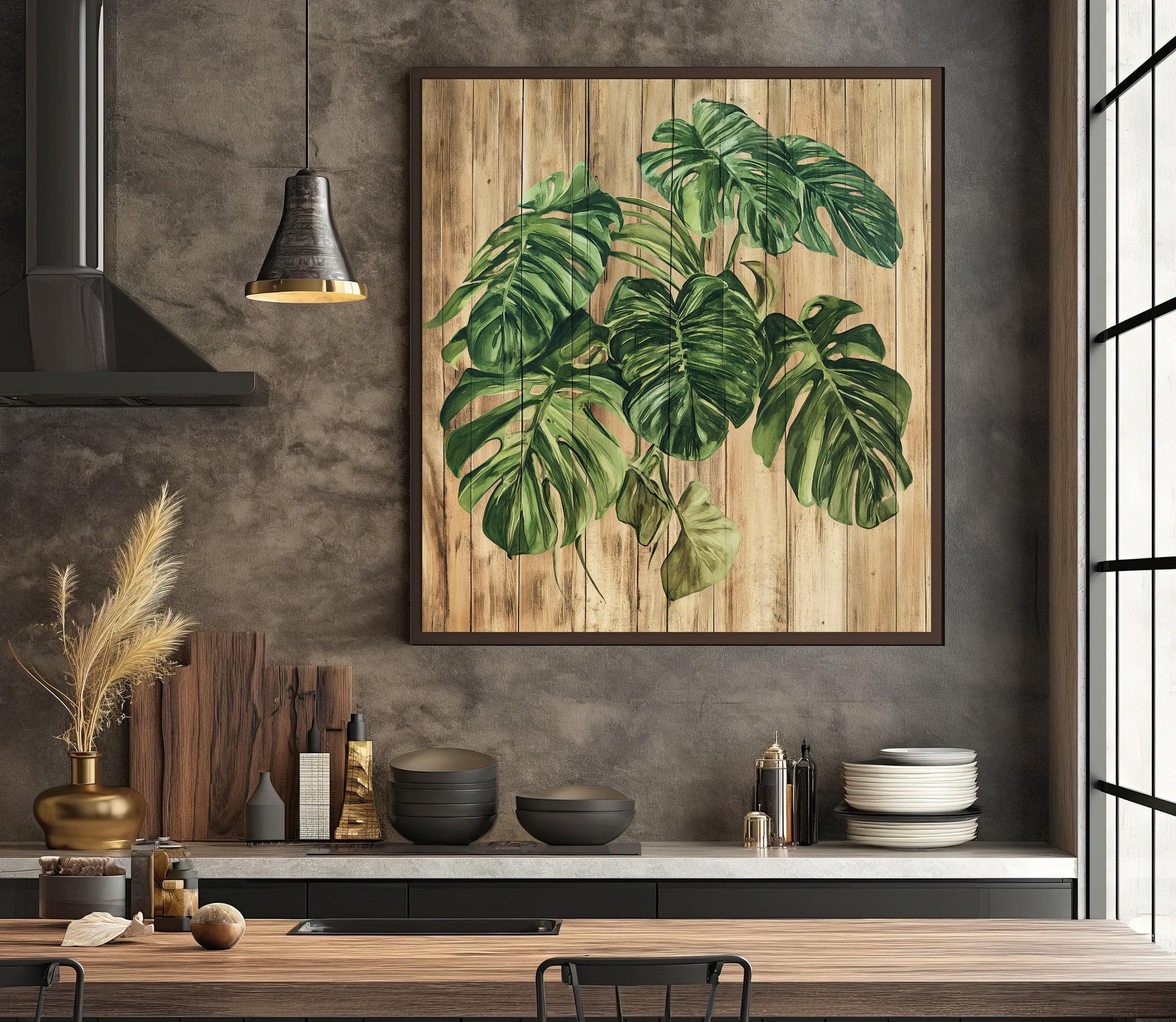 MONSTERA Plant Canvas Print Rustic Wood Background Botanical Wall Art Farmhouse Decor Gift for Plant Lovers Floral Design Entryway Decor Wall Art – Canvas Print