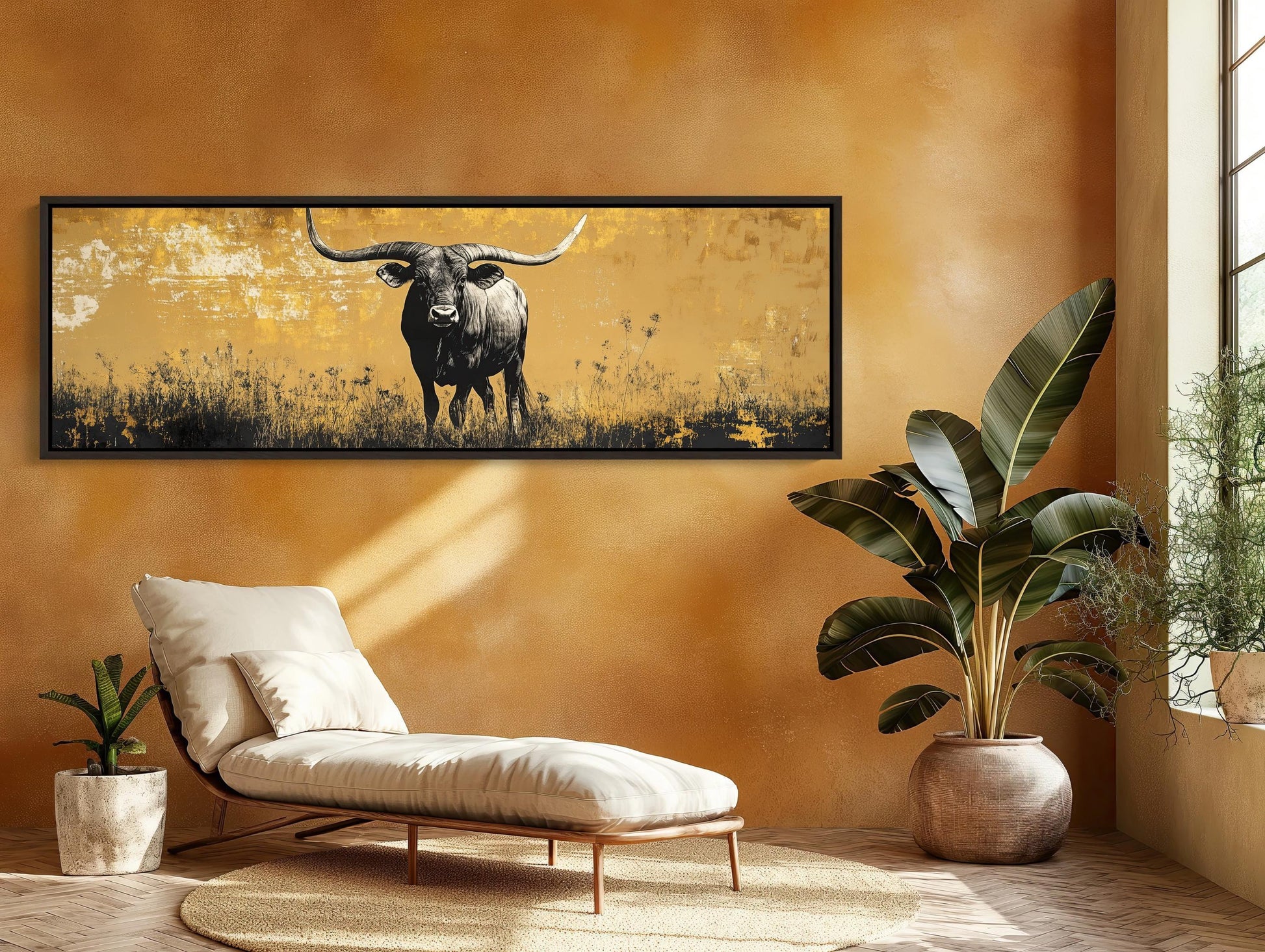 Texas Longhorn in Meadow Field Abstract Painting, Long Horizontal Panoramic Canvas Print, Extra Large Rustic Wall Decor for Living Room Wall Art – Canvas Print