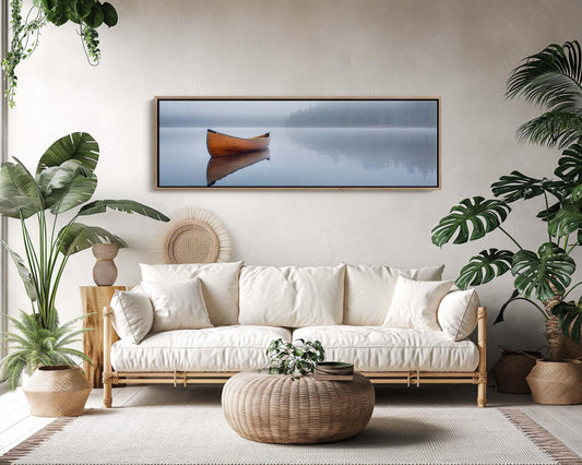 Canoe wall art | long canvas | navy blue art | lakehouse wall decor | over bed decor | cottage decor | framed canvas | ready to hang Wall Art – Canvas Print