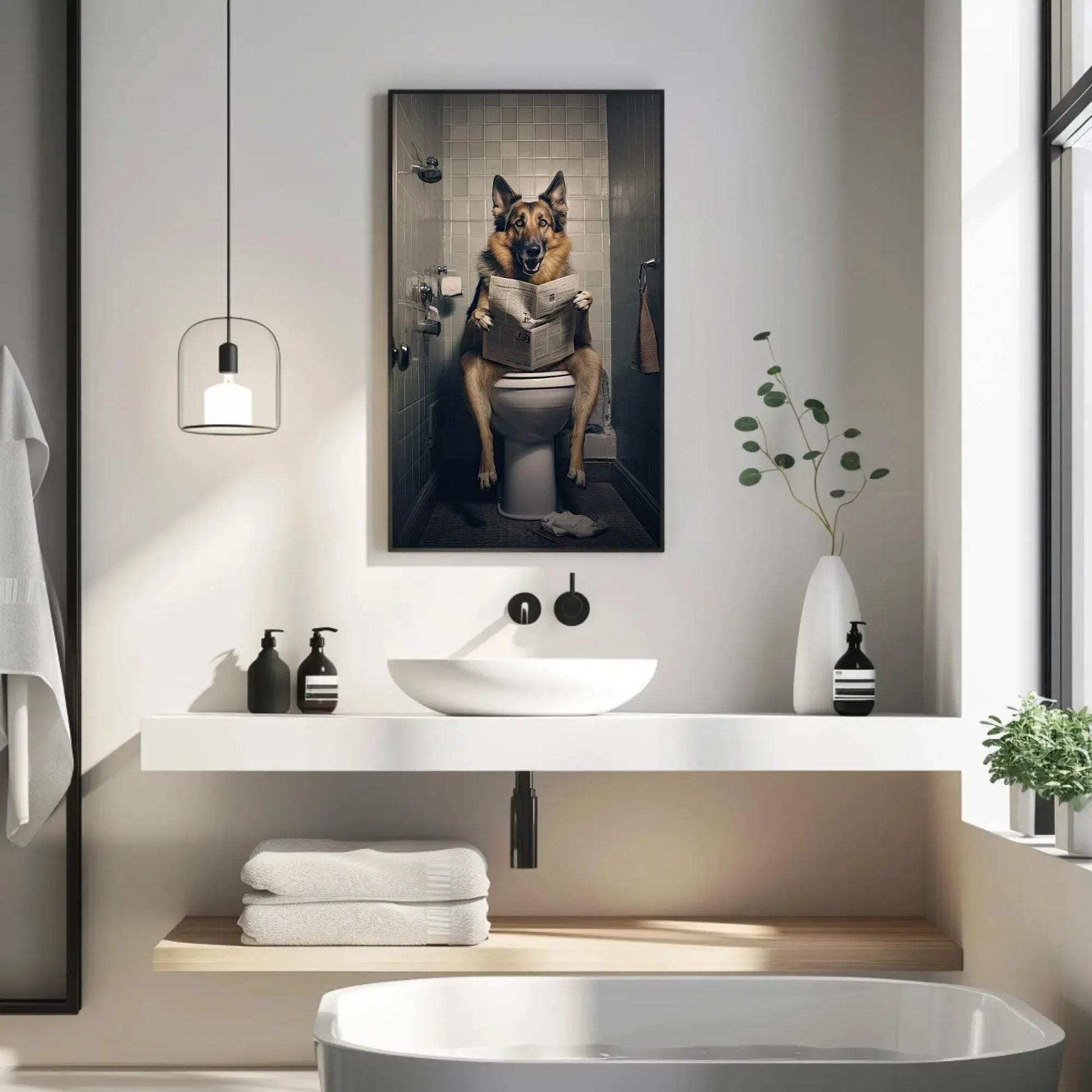 German Shepherd Dog Reading Newspaper On The Toilet Dog Lovers Gift Painting Funny Bathroom Art Framed Print Canvas Restroom Decor Wall Art – Canvas Print