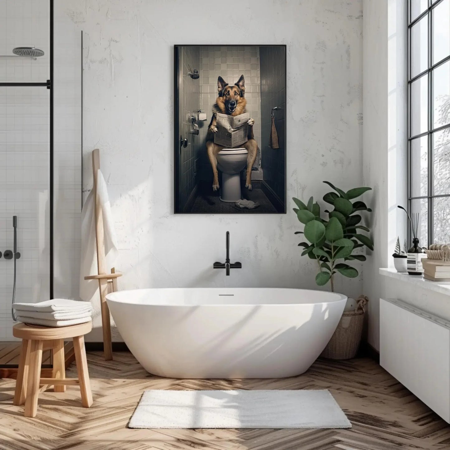 German Shepherd Dog Reading Newspaper On The Toilet Dog Lovers Gift Painting Funny Bathroom Art Framed Print Canvas Restroom Decor Wall Art – Canvas Print