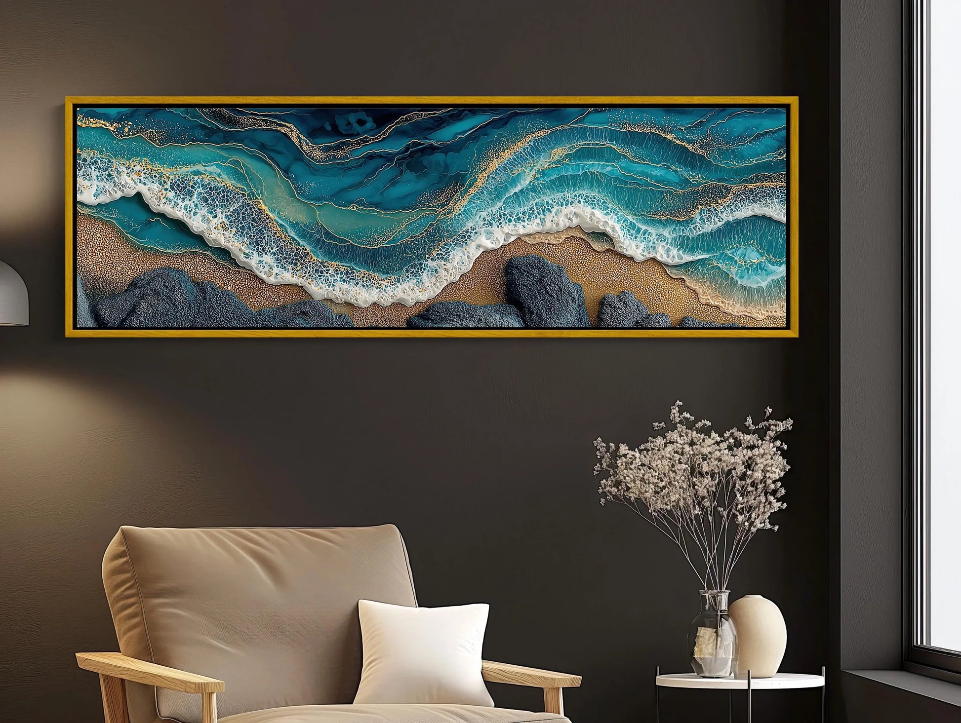 Panoramic Ocean Waves Canvas, Abstract Gold Leaf Coastal Art, Teal Blue Seascape, Textured Beach Wall Decor, Long Horizontal Statement Wall Art – Canvas Print
