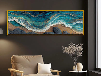 Panoramic Ocean Waves Canvas, Abstract Gold Leaf Coastal Art, Teal Blue Seascape, Textured Beach Wall Decor, Long Horizontal Statement Wall Art – Canvas Print