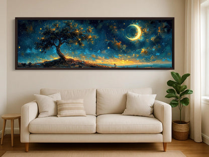 Glowing Tree Moonlit Landscape Canvas | Starry Night Nature Wall Art | Ethereal Tree of Life Print | Panoramic Fantasy Decor Wall Art – Canvas Print
