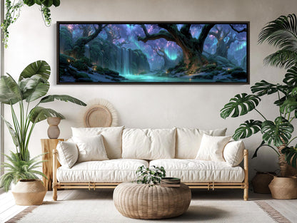 Enchanted Forest Waterfall Canvas | Mystical Aurora Borealis Wall Art | Glowing River Landscape Print | Fantasy Nature Decor Wall Art – Canvas Print