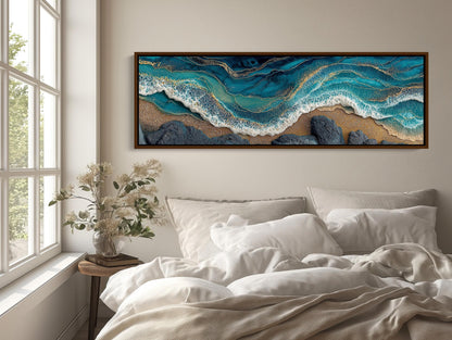 Panoramic Ocean Waves Canvas, Abstract Gold Leaf Coastal Art, Teal Blue Seascape, Textured Beach Wall Decor, Long Horizontal Statement Wall Art – Canvas Print