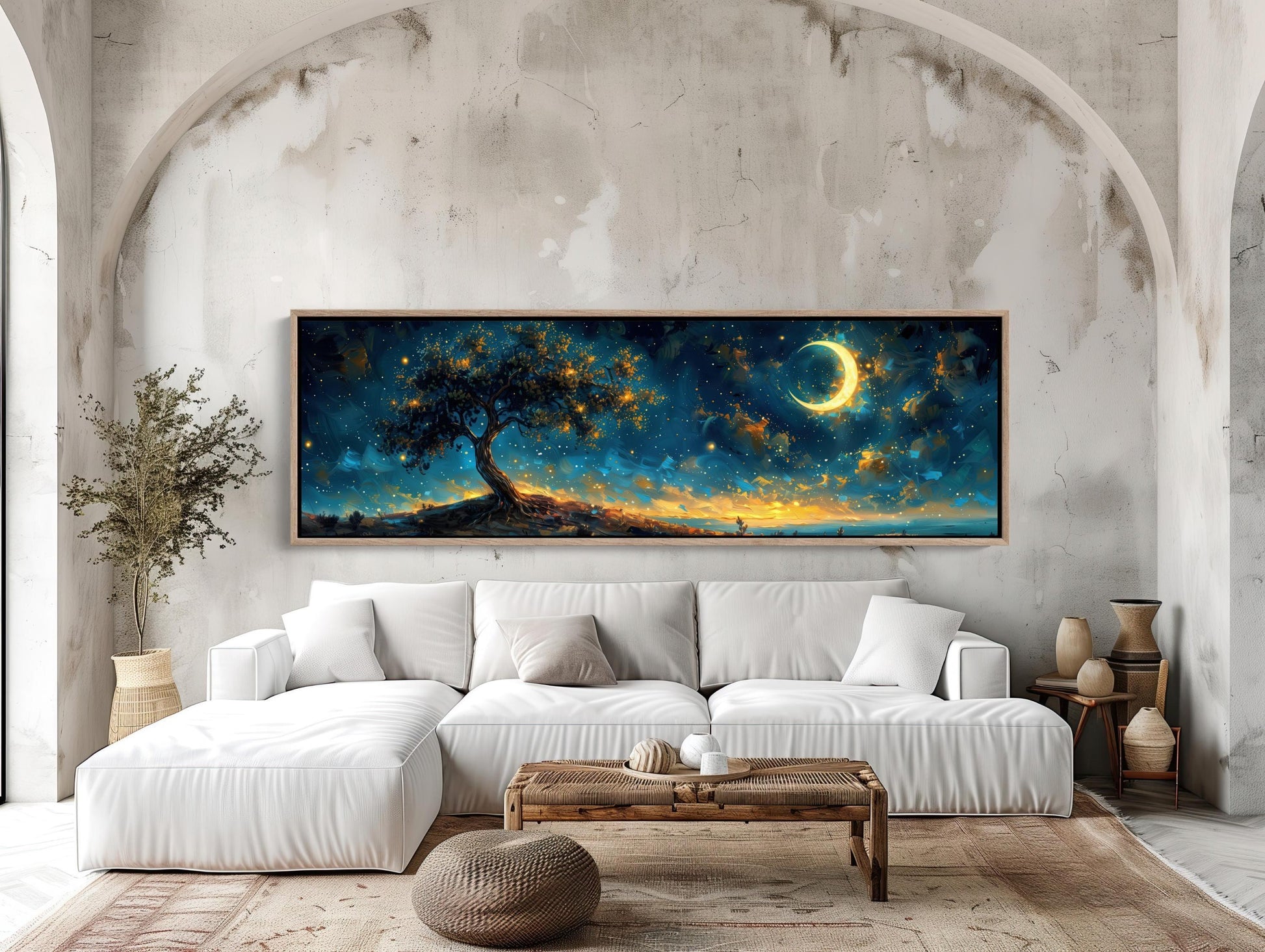 Glowing Tree Moonlit Landscape Canvas | Starry Night Nature Wall Art | Ethereal Tree of Life Print | Panoramic Fantasy Decor Wall Art – Canvas Print