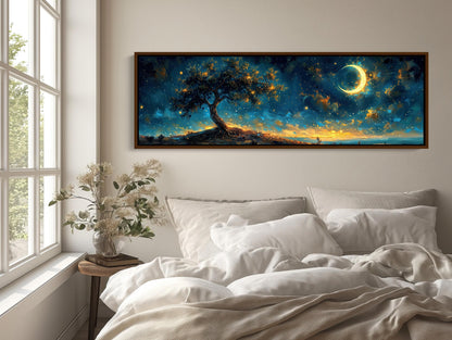 Glowing Tree Moonlit Landscape Canvas | Starry Night Nature Wall Art | Ethereal Tree of Life Print | Panoramic Fantasy Decor Wall Art – Canvas Print