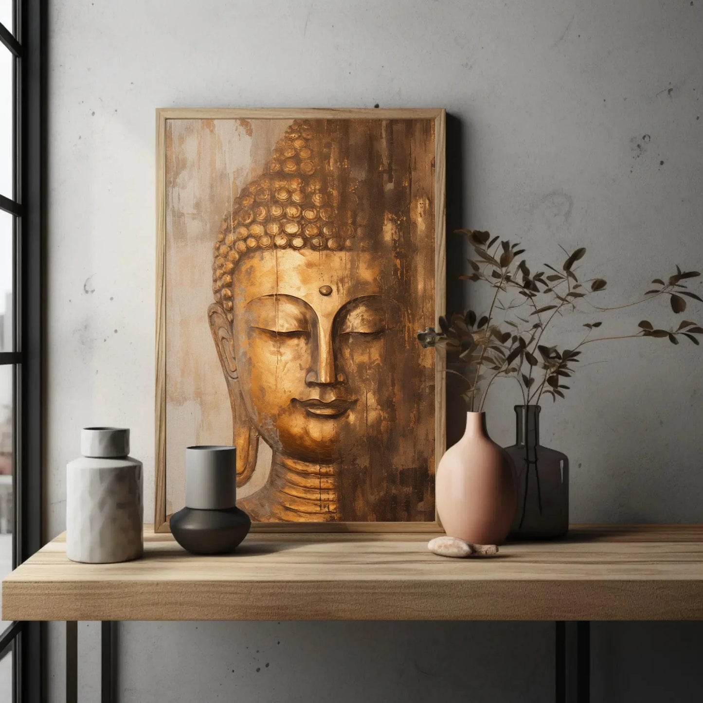 Gold Bronze Buddha Head Wall Art, Abstract Canvas Painting, Framed Print, Indian Spiritual Decor, Indian Decor, Living Room, Bedroom, Office Wall Art – Canvas Print