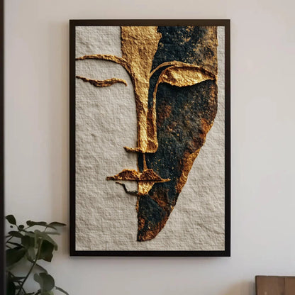 Gold Foil Line Art Print, Minimalist Face Abstract, Boho Chic Wall Decor, Textured Paper Artwork, Modern Elegant Portrait, Unique Gift Idea Wall Art – Canvas Print