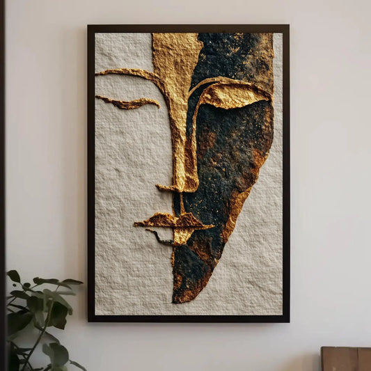 Gold Foil Line Art Print, Minimalist Face Abstract, Boho Chic Wall Decor, Textured Paper Artwork, Modern Elegant Portrait, Unique Gift Idea Wall Art – Canvas Print