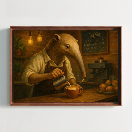Anthropomorphic Anteater Barista Canvas Print | Coffee Shop Wall Art | Quirky Animal Kitchen Decor | Unique Coffee Lover Gift Wall Art – Canvas Print