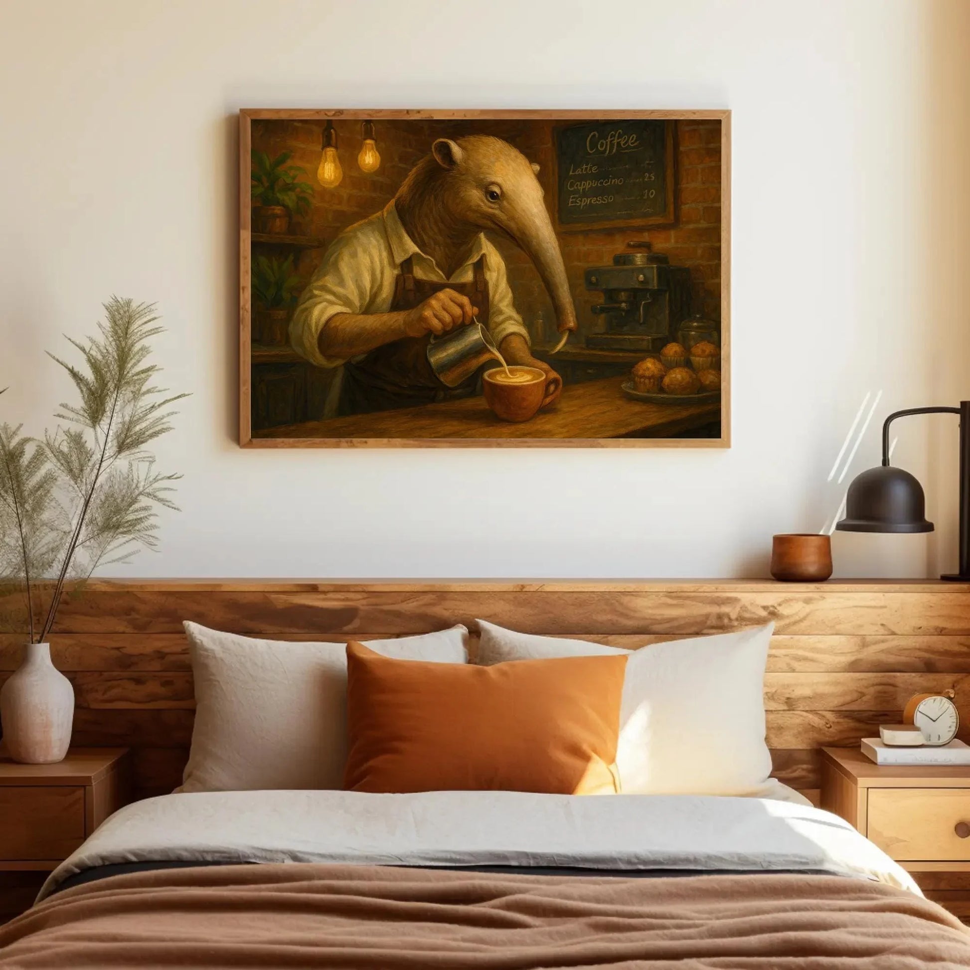 Anthropomorphic Anteater Barista Canvas Print | Coffee Shop Wall Art | Quirky Animal Kitchen Decor | Unique Coffee Lover Gift Wall Art – Canvas Print