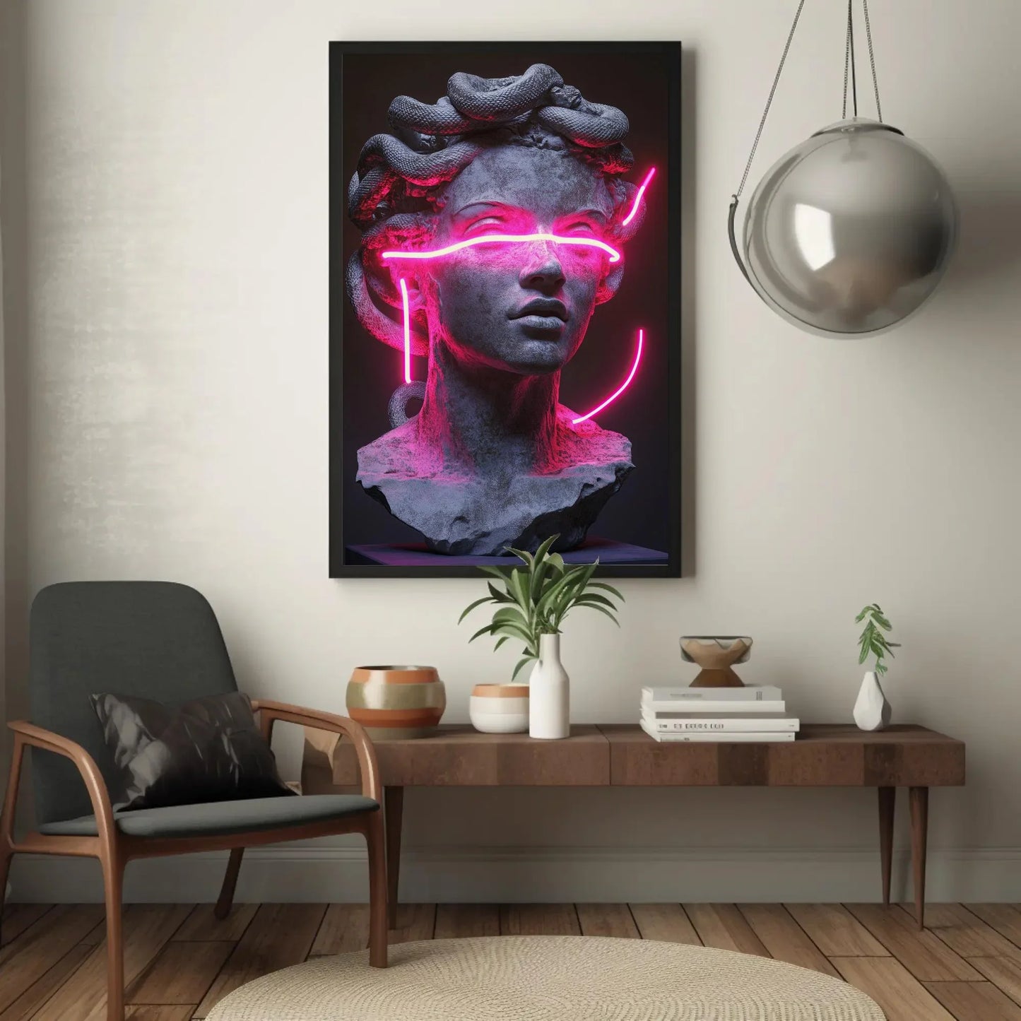 Neon Medusa Canvas Print, Extra Large Cyberpunk Greek Statue Wall Art, Modern Pink Neon Decor for Studio, Bedroom, Alternative Gallery Space Wall Art – Canvas Print
