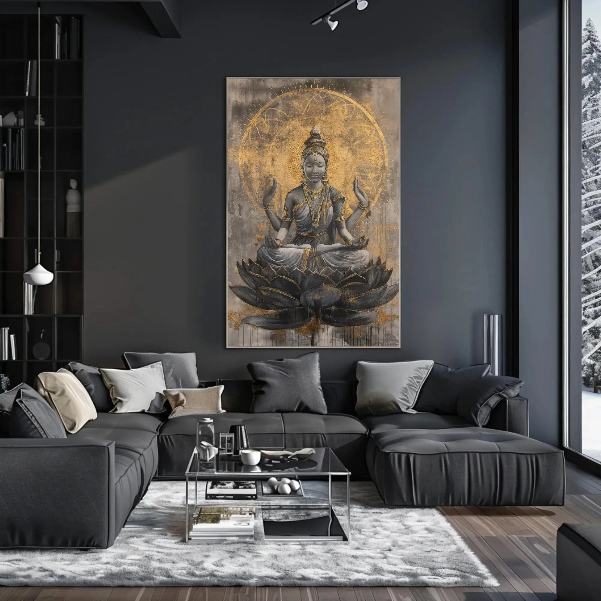 Hindu Goddess Lakshmi on Lotus Gold Painting Canvas - Divine Indian Wall Art - Framed Lakshmi Decor for Home and Office, Ready to Hang Wall Art – Canvas Print