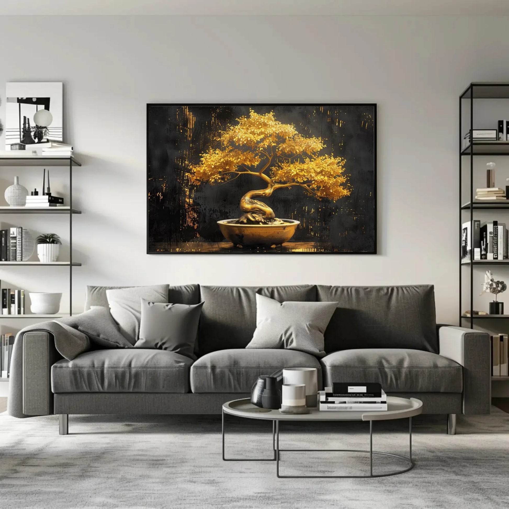 Golden Bonsai Tree Canvas Print - Extra Large Luxurious Painting in Ceramic Pot - Elegant Zen Wall Art for Modern Home, Spa, or Office Decor Wall Art – Canvas Print