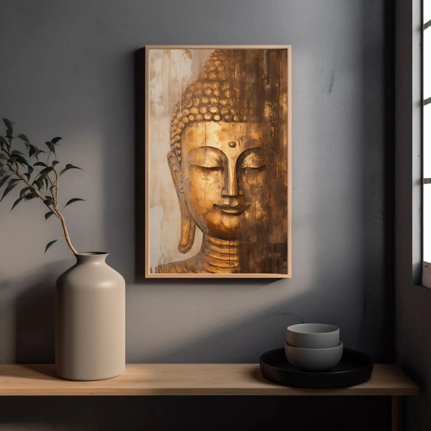 Gold Bronze Buddha Head Wall Art, Abstract Canvas Painting, Framed Print, Indian Spiritual Decor, Indian Decor, Living Room, Bedroom, Office Wall Art – Canvas Print