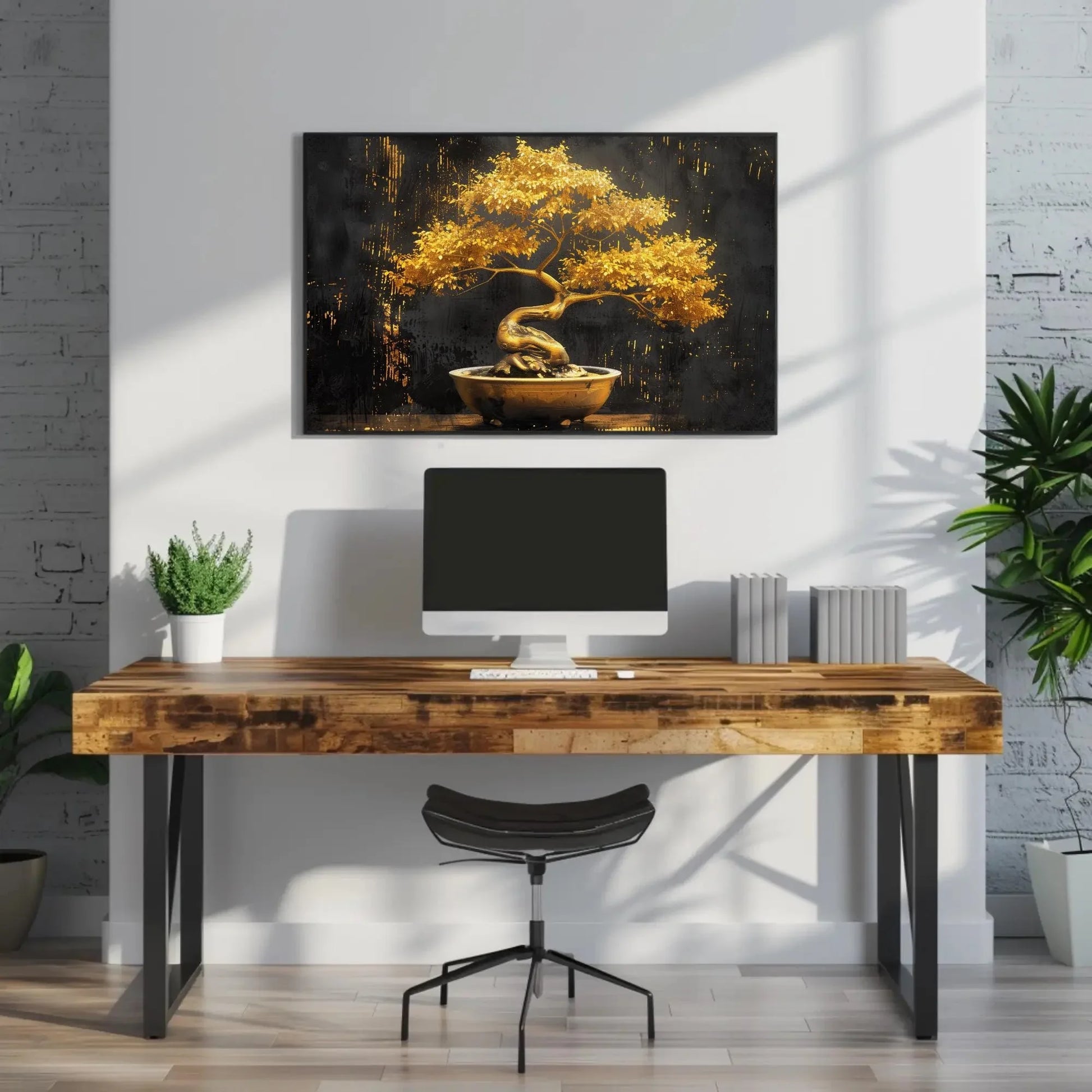 Golden Bonsai Tree Canvas Print - Extra Large Luxurious Painting in Ceramic Pot - Elegant Zen Wall Art for Modern Home, Spa, or Office Decor Wall Art – Canvas Print