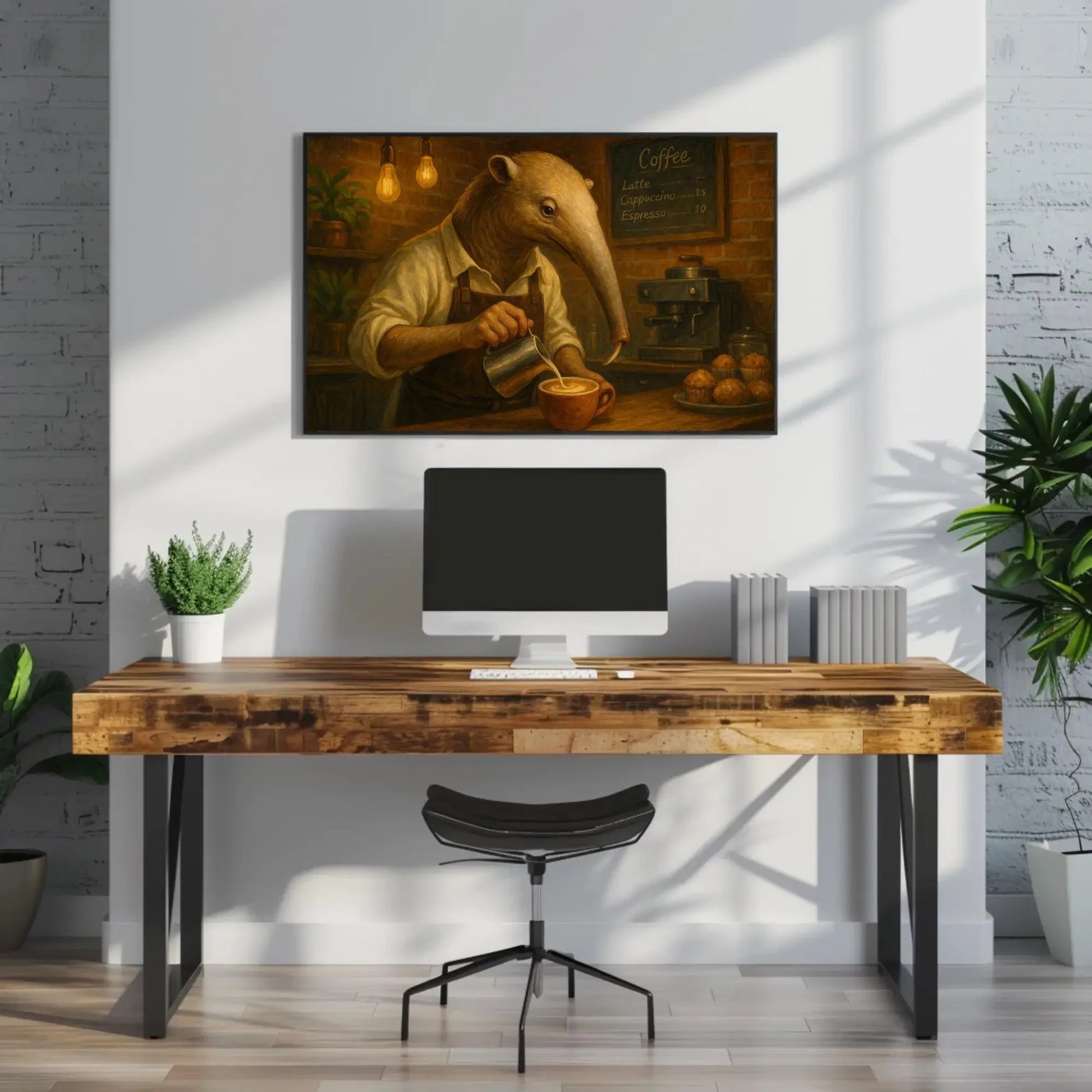 Anthropomorphic Anteater Barista Canvas Print | Coffee Shop Wall Art | Quirky Animal Kitchen Decor | Unique Coffee Lover Gift Wall Art – Canvas Print