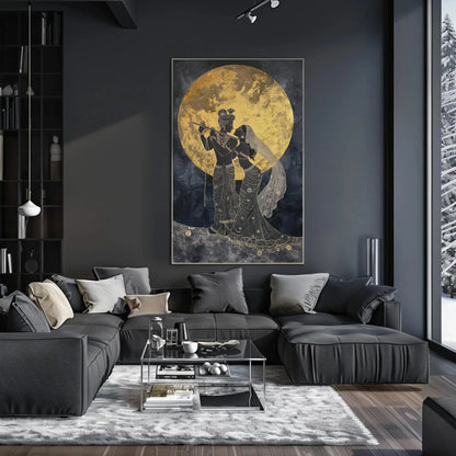 Radha Krishna Under Golden Moon Canvas Painting Print, Hindu Spiritual Wall Decor, Lord Krishna Indian God Artwork for Home, Ready to Hang Wall Art – Canvas Print