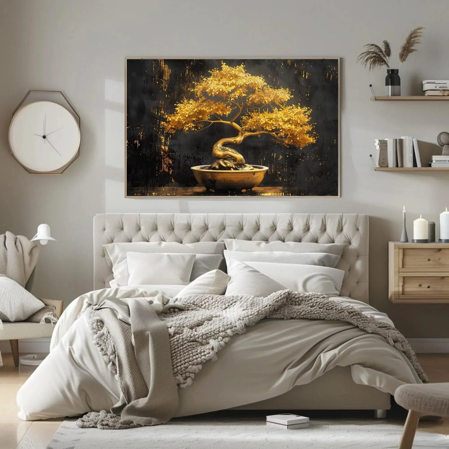 Golden Bonsai Tree Canvas Print - Extra Large Luxurious Painting in Ceramic Pot - Elegant Zen Wall Art for Modern Home, Spa, or Office Decor Wall Art – Canvas Print