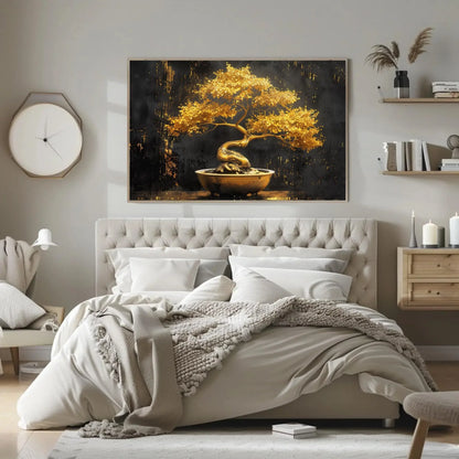 Golden Bonsai Tree Canvas Print - Extra Large Luxurious Painting in Ceramic Pot - Elegant Zen Wall Art for Modern Home, Spa, or Office Decor Wall Art – Canvas Print