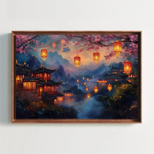 Traditional Chinese Village at Dusk Canvas Print, Glowing Lanterns and Misty Mountains, Serene Asian Landscape Wall Art for Living Room Wall Art – Canvas Print