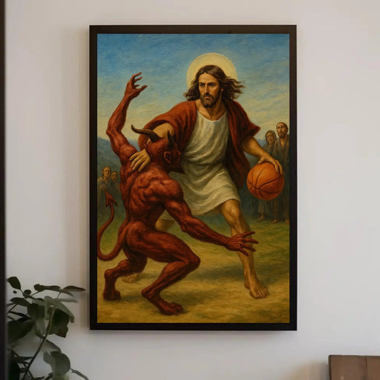 Funny jesus basketball canvas painting wall art for game room or ironic christian decor with devil one on one sports parody print Wall Art – Canvas Print