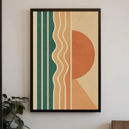 Retro Geometric Wall Art | 70s Style Sun and Waves Print | Mid Century Modern Canvas | Teal and Orange Decor for Living Room Wall Art – Canvas Print