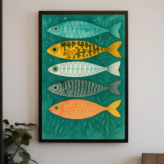 Colorful Fish Wall Art | Coastal Nursery Decor Print | Whimsical Kids Bathroom Art | Scandinavian Folk Art Fish Canvas Wall Art – Canvas Print