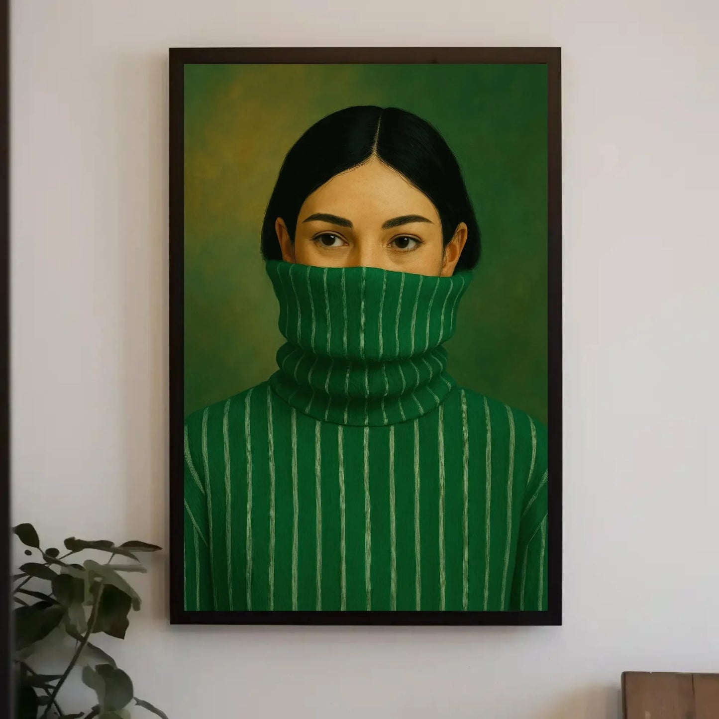 Modern Woman Portrait | Minimalist Green Wall Art | Mysterious Woman in Turtleneck Print | Chic Contemporary Fashion Poster Wall Art – Canvas Print