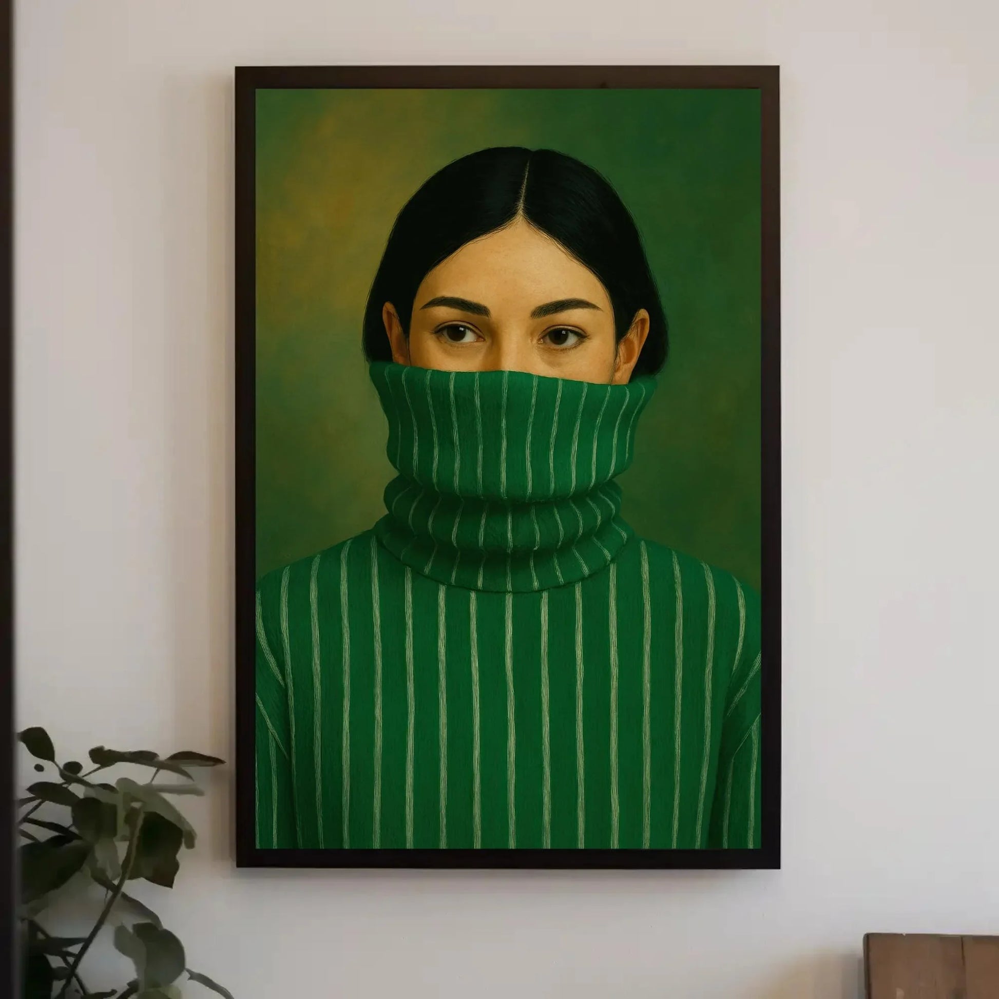 Modern Woman Portrait | Minimalist Green Wall Art | Mysterious Woman in Turtleneck Print | Chic Contemporary Fashion Poster Wall Art – Canvas Print