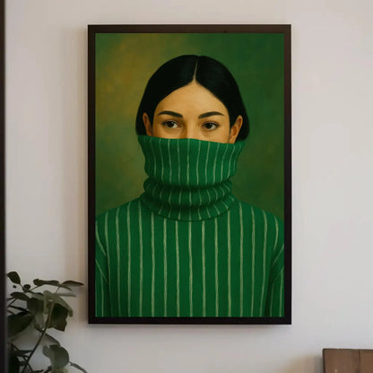 Modern Woman Portrait | Minimalist Green Wall Art | Mysterious Woman in Turtleneck Print | Chic Contemporary Fashion Poster Wall Art – Canvas Print