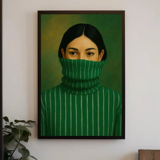 Modern Woman Portrait | Minimalist Green Wall Art | Mysterious Woman in Turtleneck Print | Chic Contemporary Fashion Poster Wall Art – Canvas Print