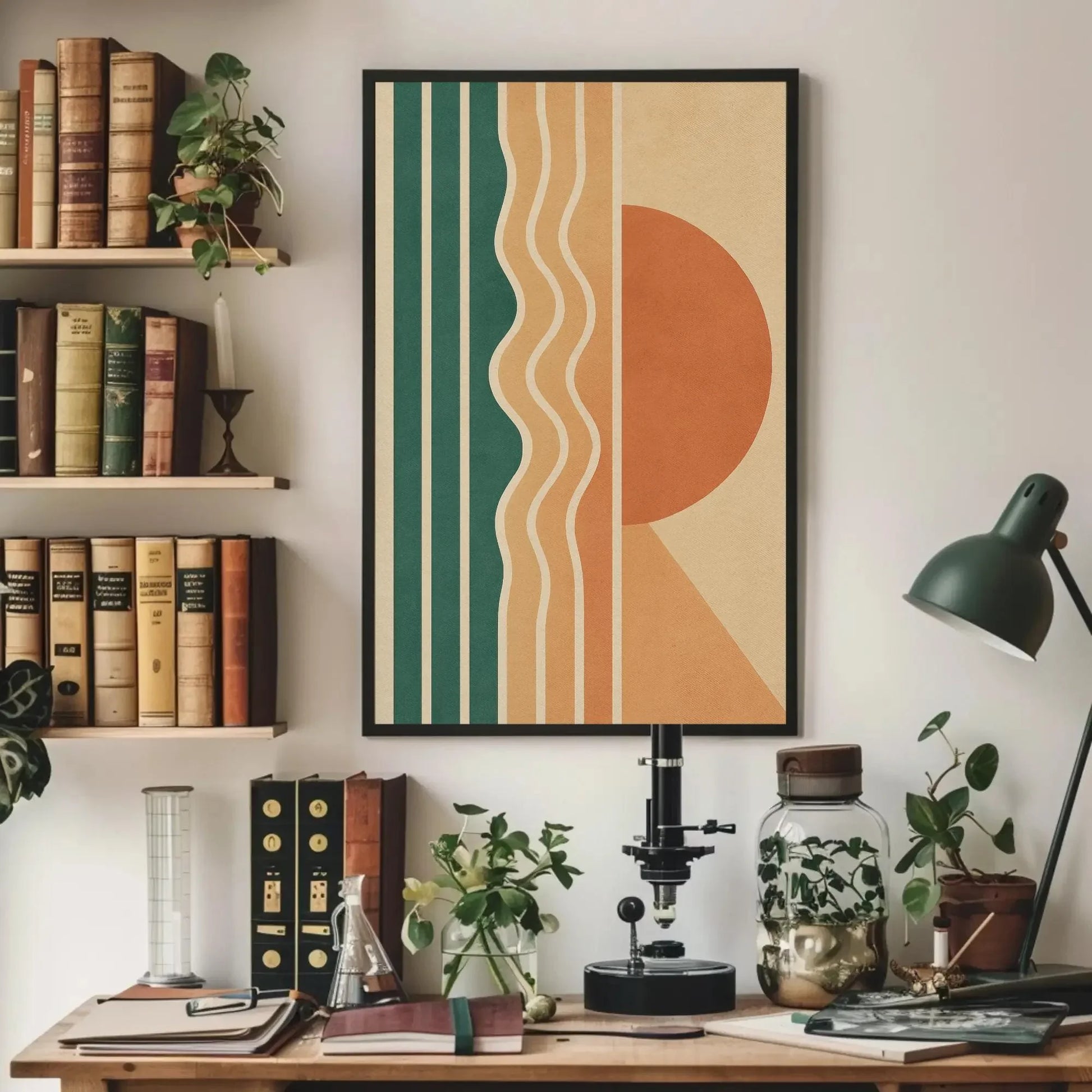 Retro Geometric Wall Art | 70s Style Sun and Waves Print | Mid Century Modern Canvas | Teal and Orange Decor for Living Room Wall Art – Canvas Print