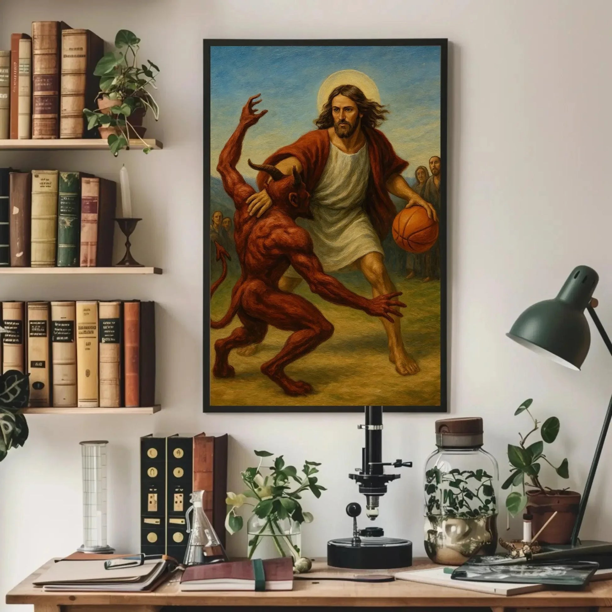 Funny jesus basketball canvas painting wall art for game room or ironic christian decor with devil one on one sports parody print Wall Art – Canvas Print