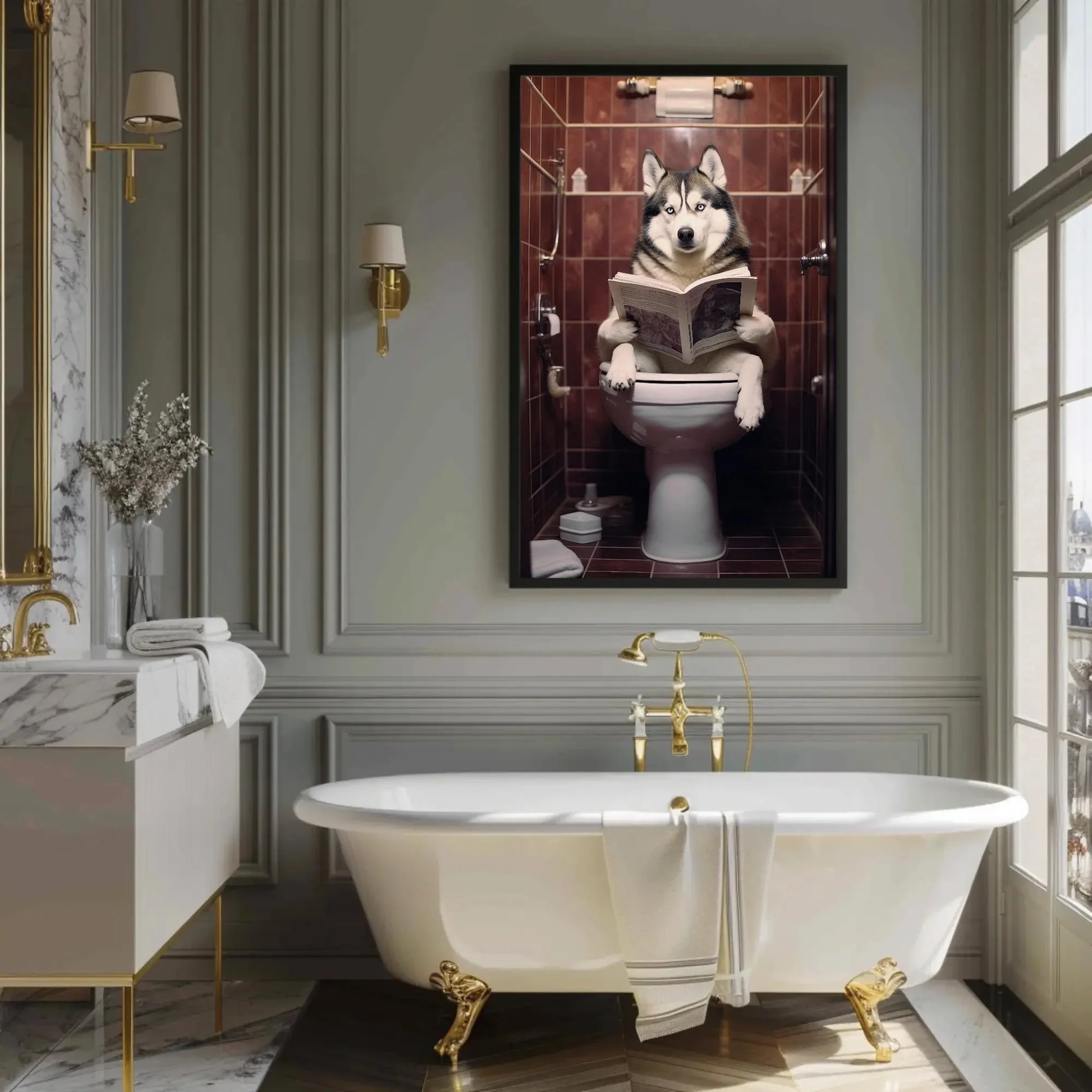Husky Dog Reading Newspaper on Toilet Canvas Print - Toilet Humor - Whimsical Bathroom Art - Funny Animal Print - HQ Ready to Hang Wall Art – Canvas Print
