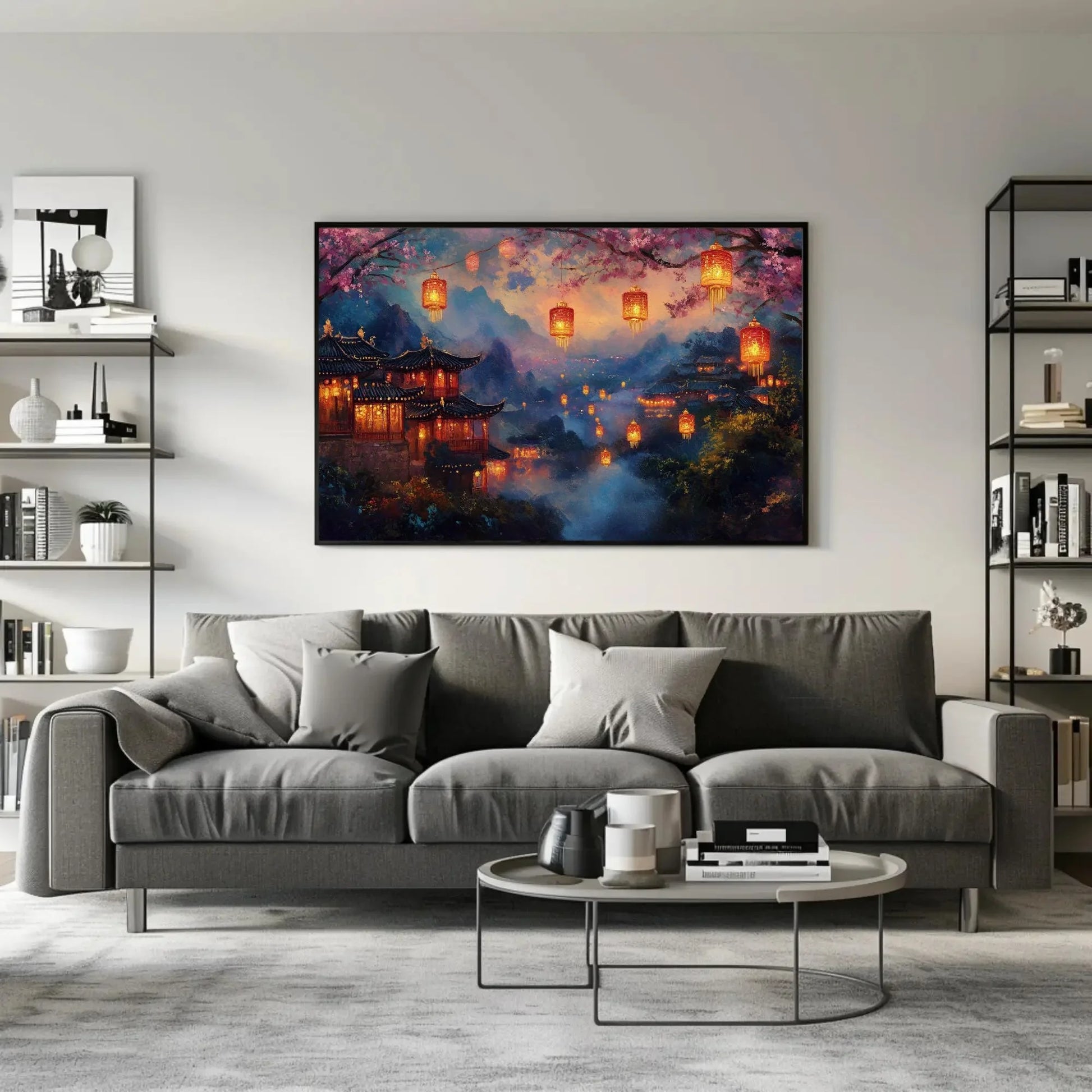 Traditional Chinese Village at Dusk Canvas Print, Glowing Lanterns and Misty Mountains, Serene Asian Landscape Wall Art for Living Room Wall Art – Canvas Print