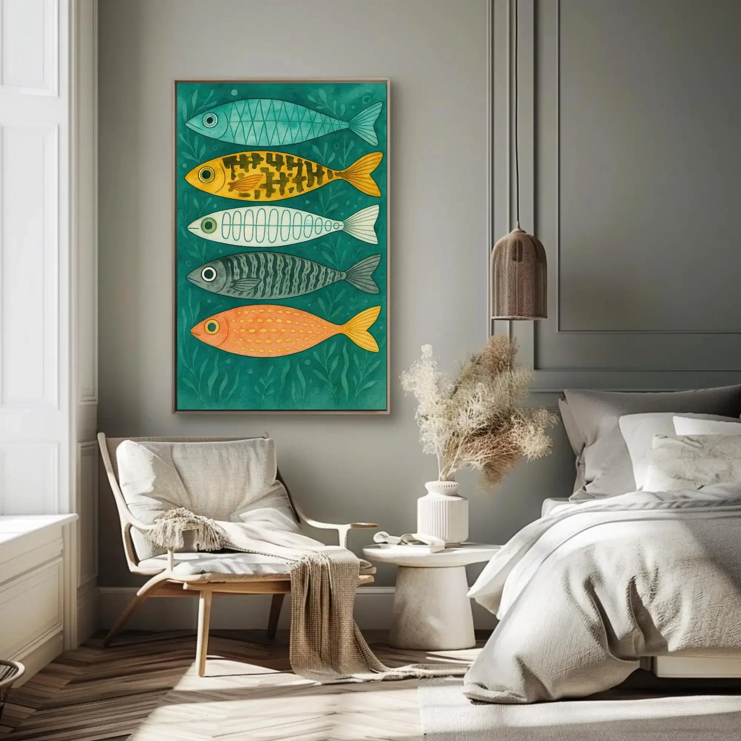 Colorful Fish Wall Art | Coastal Nursery Decor Print | Whimsical Kids Bathroom Art | Scandinavian Folk Art Fish Canvas Wall Art – Canvas Print