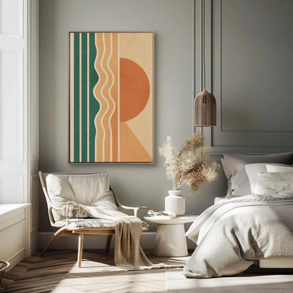 Retro Geometric Wall Art | 70s Style Sun and Waves Print | Mid Century Modern Canvas | Teal and Orange Decor for Living Room Wall Art – Canvas Print
