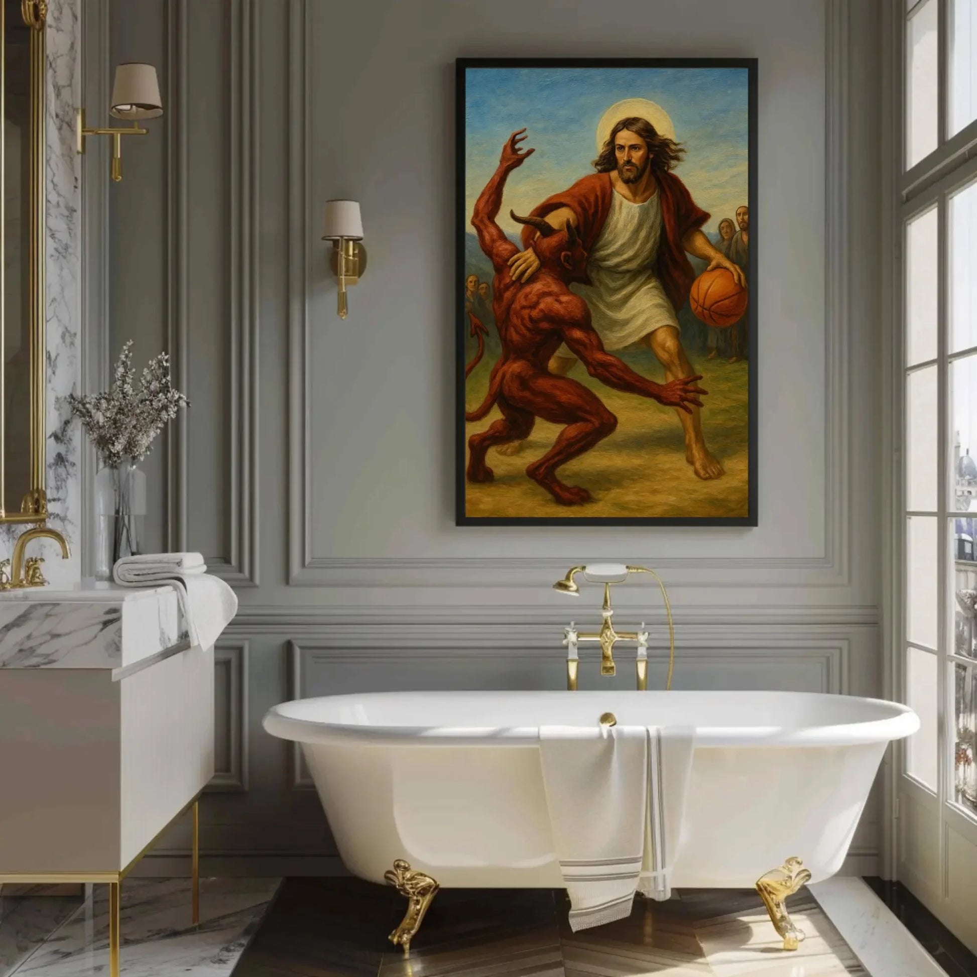 Funny jesus basketball canvas painting wall art for game room or ironic christian decor with devil one on one sports parody print Wall Art – Canvas Print
