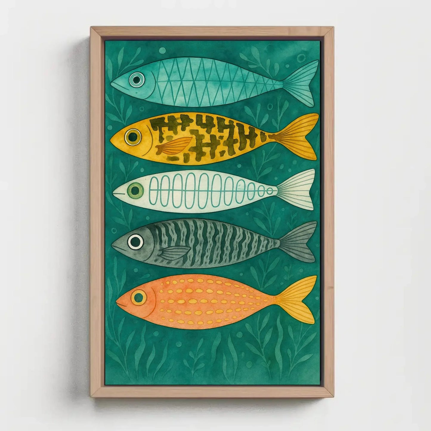 Colorful Fish Wall Art | Coastal Nursery Decor Print | Whimsical Kids Bathroom Art | Scandinavian Folk Art Fish Canvas Wall Art – Canvas Print
