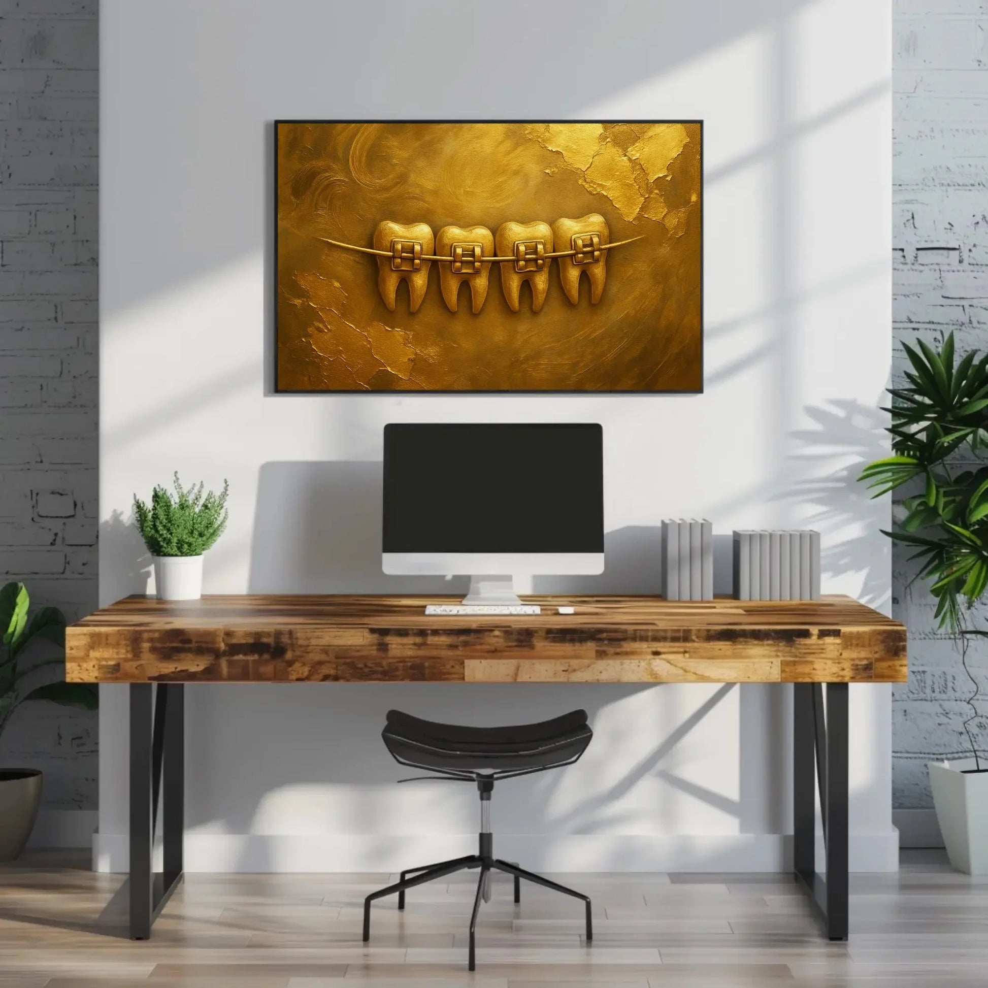 Gold Dental Art Print | Luxury Orthodontist Office Decor | Golden Teeth with Braces Canvas | Metallic 3D Textured Wall Art for Clinic Wall Art – Canvas Print
