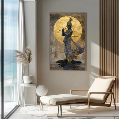 Lord Krishna Playing Flute Under Golden Moon Canvas Painting - Hindu Spiritual Wall Decor - Krishna Indian Artwork for Home, Ready to Hang Wall Art – Canvas Print