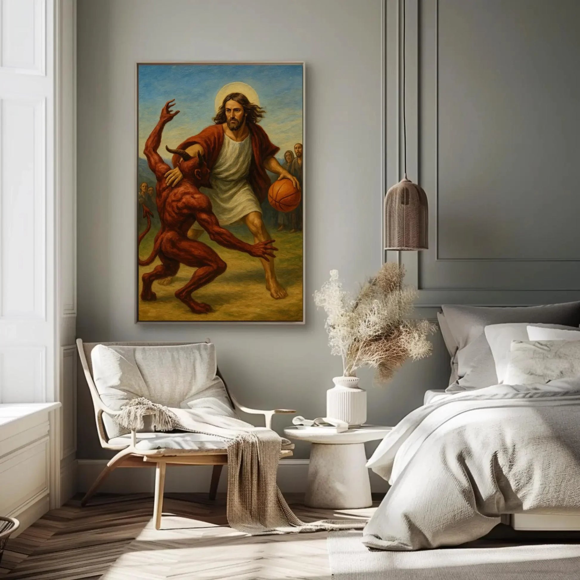 Funny jesus basketball canvas painting wall art for game room or ironic christian decor with devil one on one sports parody print Wall Art – Canvas Print
