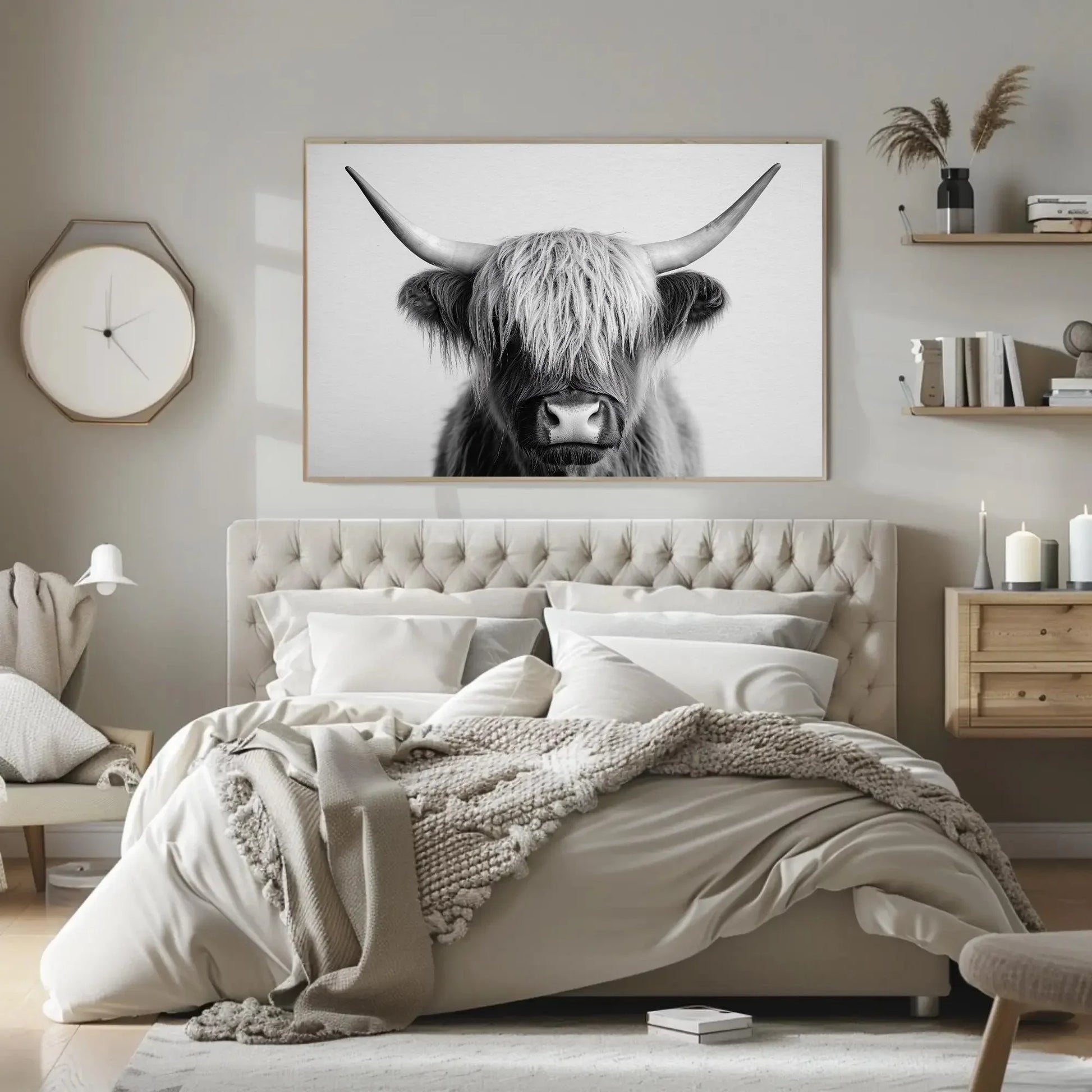 Majestic Highland Cow Canvas Print, Vintage Barn Wall Art, Cozy Rustic Farmhouse Photography for Living Room or Office Wall Art – Canvas Print