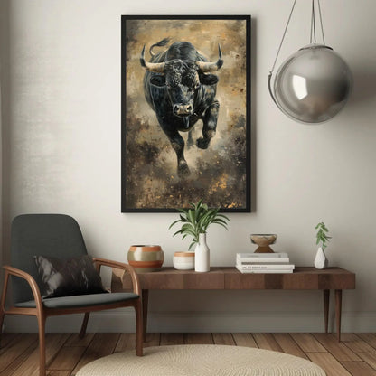 Bull Wall Art Large Canvas Decor Angry Bull Running Painting Black Bull Art Framed Canvas Print Man Cave Decor Ready To Hang Wall Art – Canvas Print
